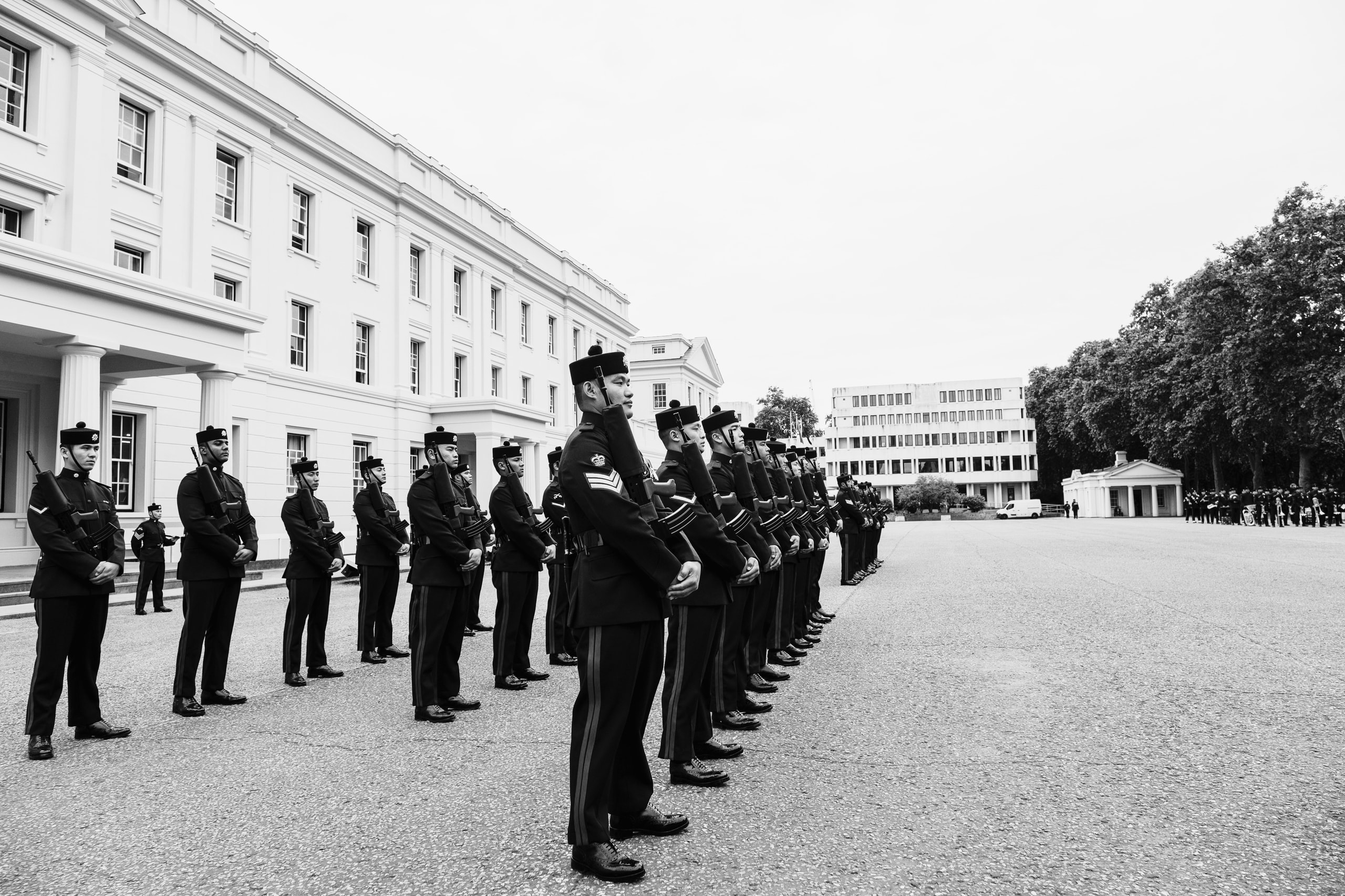 Gurkha soldiers on parade outside the Royal Military Academy